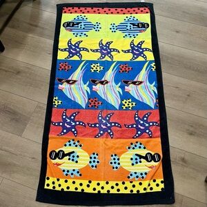 Vintage Sea Creatures Beach Towel‎ 29x55 Colorful Retro Bright Star Fish 1970's